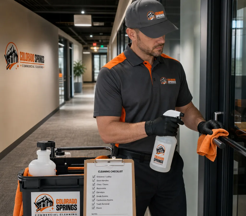 Commercial cleaning technician wiping high-touch door handles and glass entry doors in a Colorado Springs office corridor