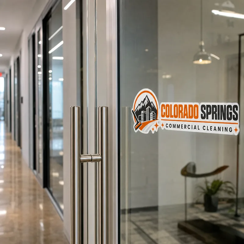 Clean, streak-free interior glass door and handles in a tidy office corridor