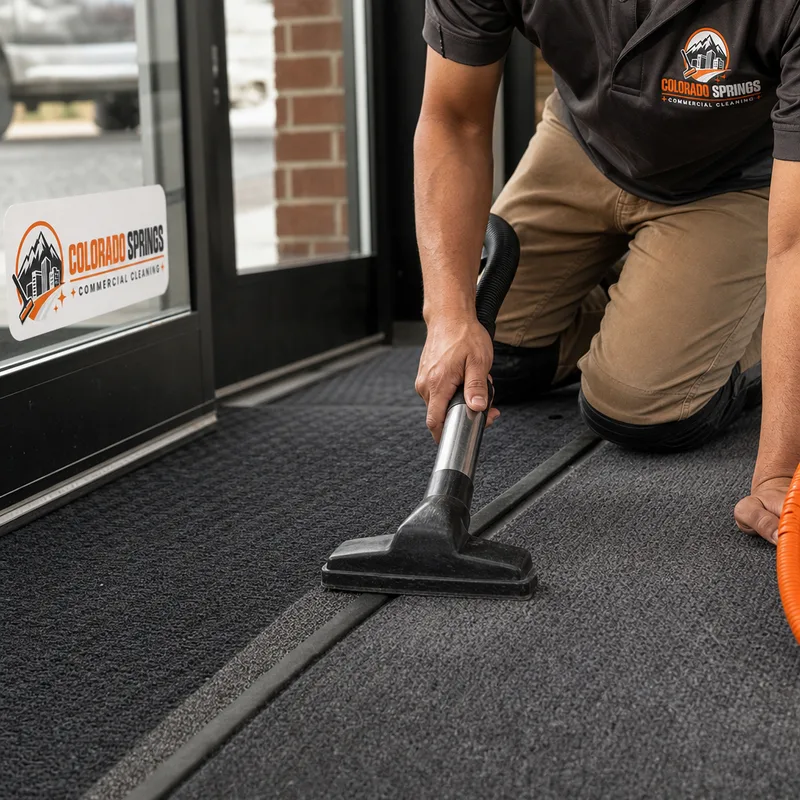 Entryway floor mats and a vacuumed carpet edge at a commercial building entrance