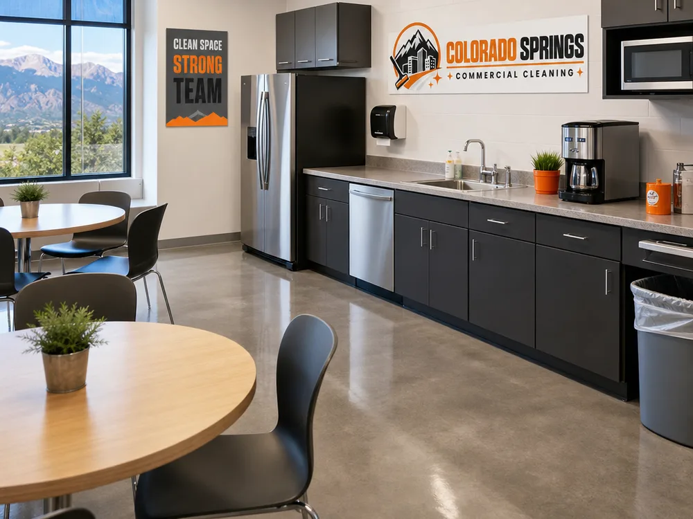Office breakroom with wiped counters, clean sink, freshly mopped floor, removed trash, and reset tables