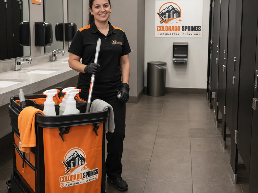 Clean stocked commercial restroom with polished fixtures, filled dispensers, and dry floors after janitorial service