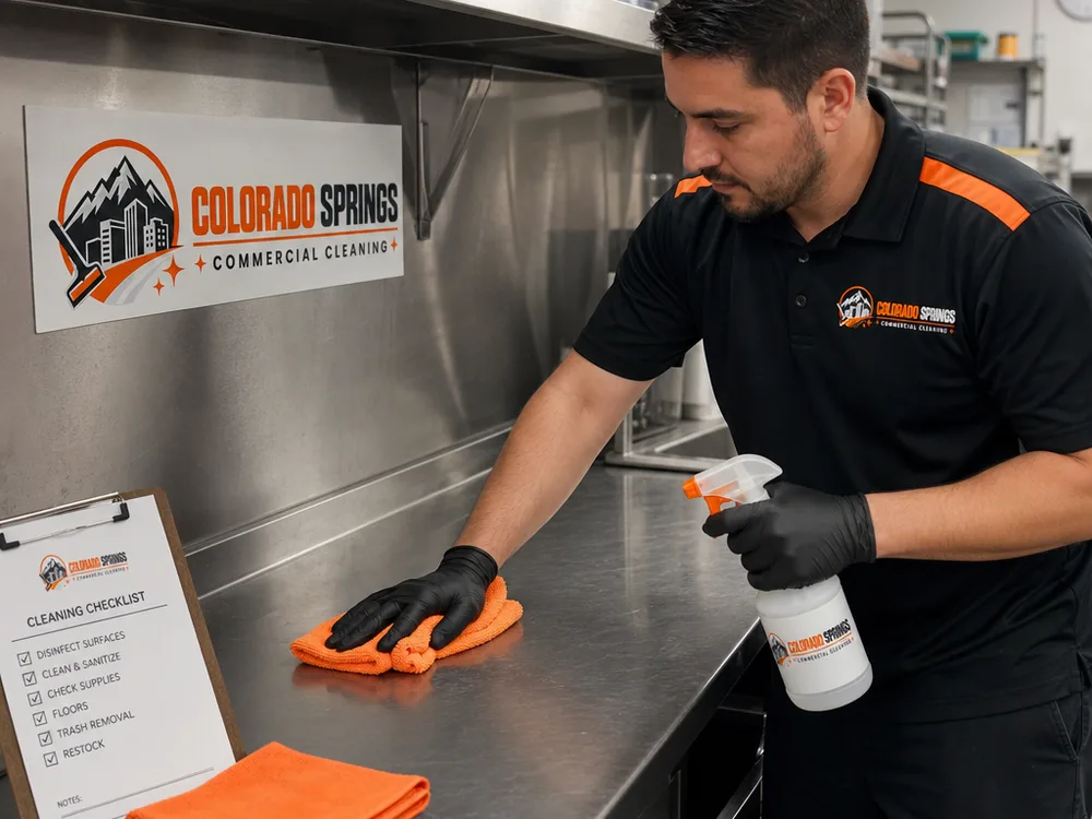 Cleaner wiping a stainless restaurant prep table with food-area cleaner, color-coded cloths, and a checklist nearby