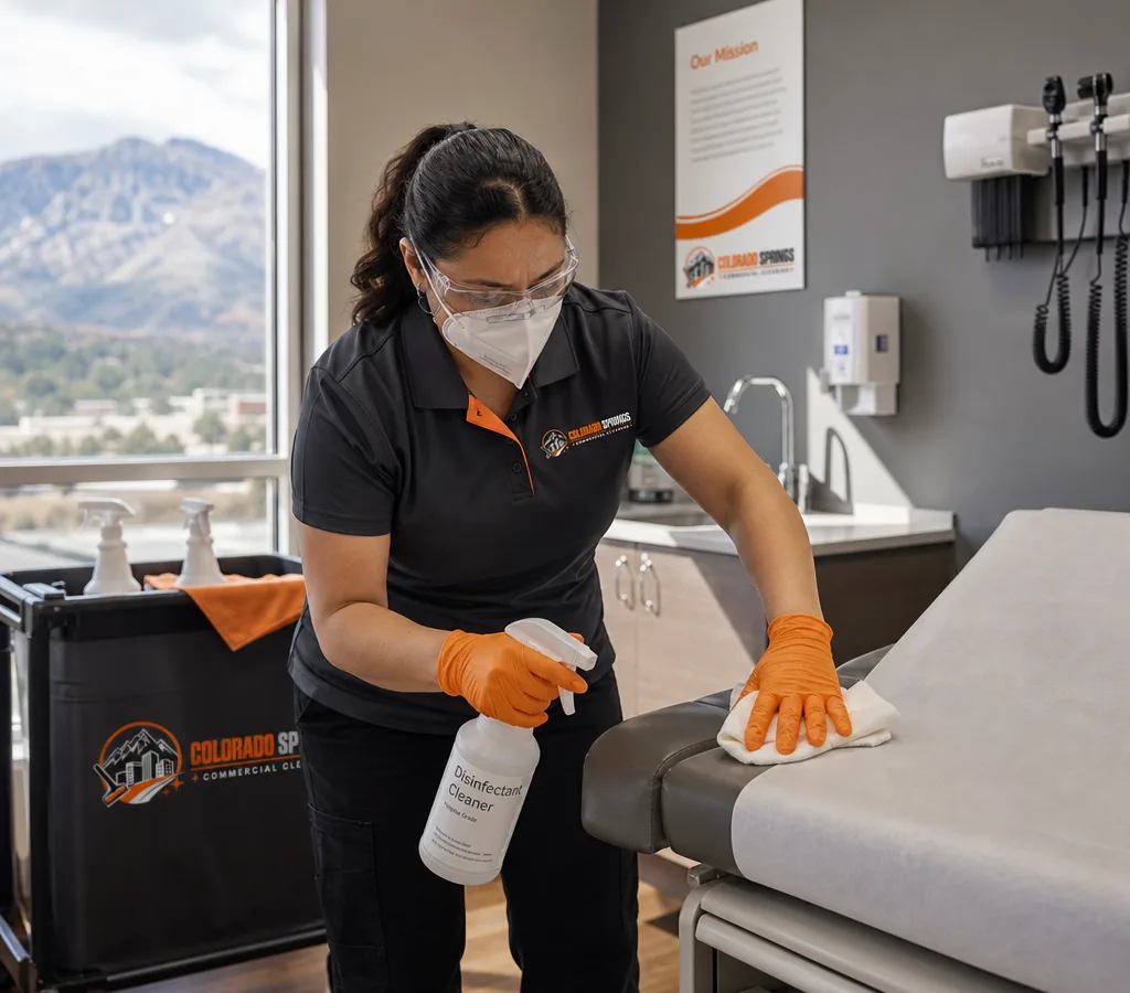 Professional cleaner disinfecting high-touch surfaces in a Colorado Springs medical exam room while wearing PPE