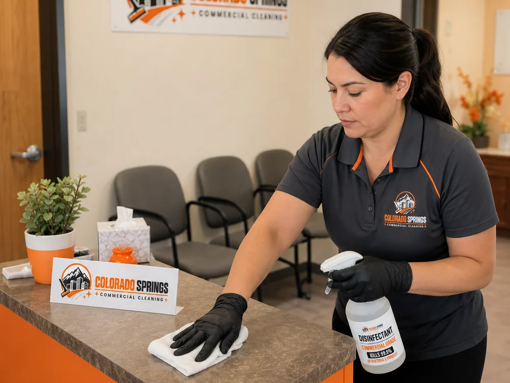 Cleaner disinfecting a clinic check-in counter, door handle, and waiting-room chair arms with labeled products