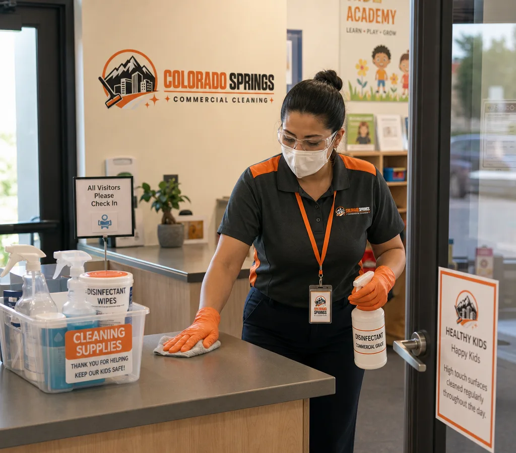 Professional cleaner disinfecting a high-touch entry area at a Colorado Springs child care center
