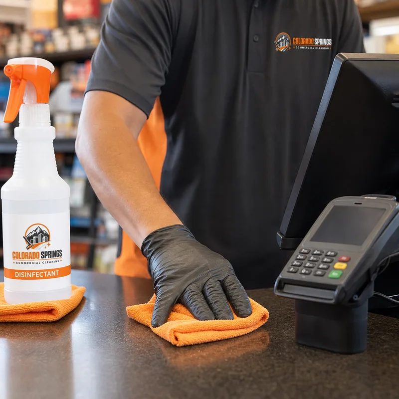 Cleaner disinfecting a checkout counter and card reader with a microfiber cloth in a retail store