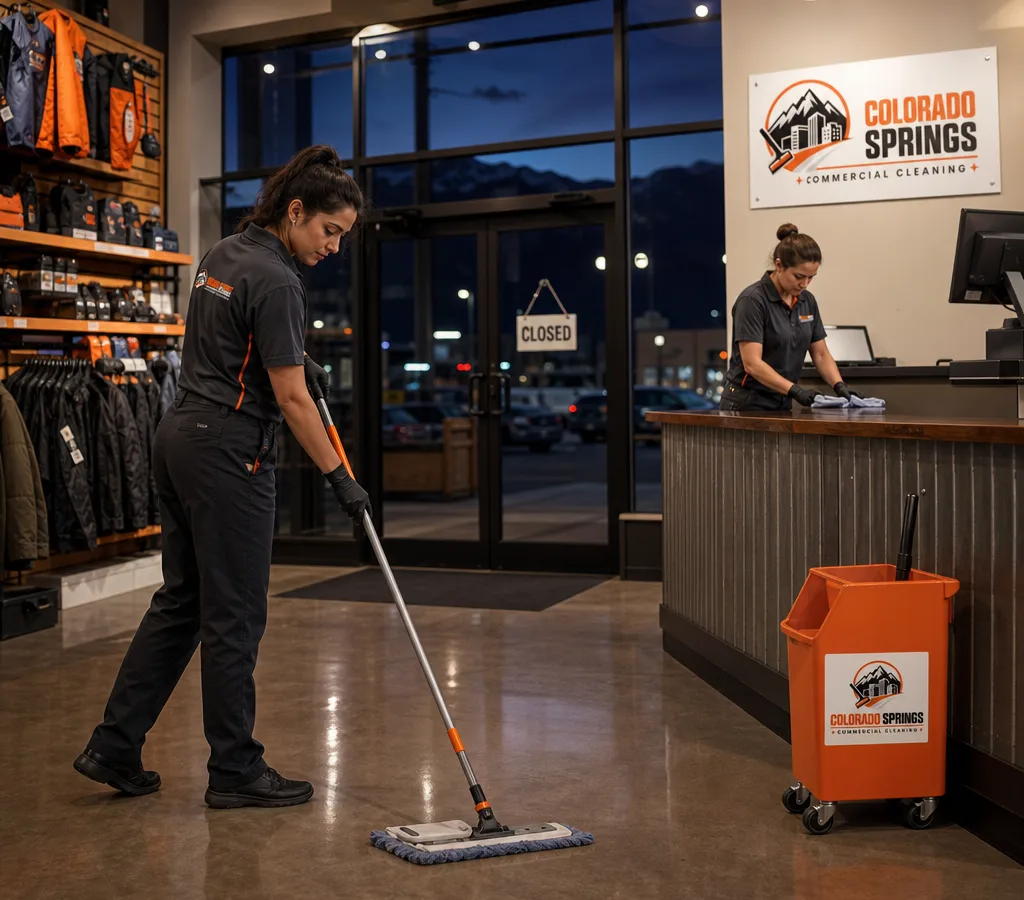 After-hours retail cleaners mopping a storefront entrance and wiping checkout counters in Colorado Springs