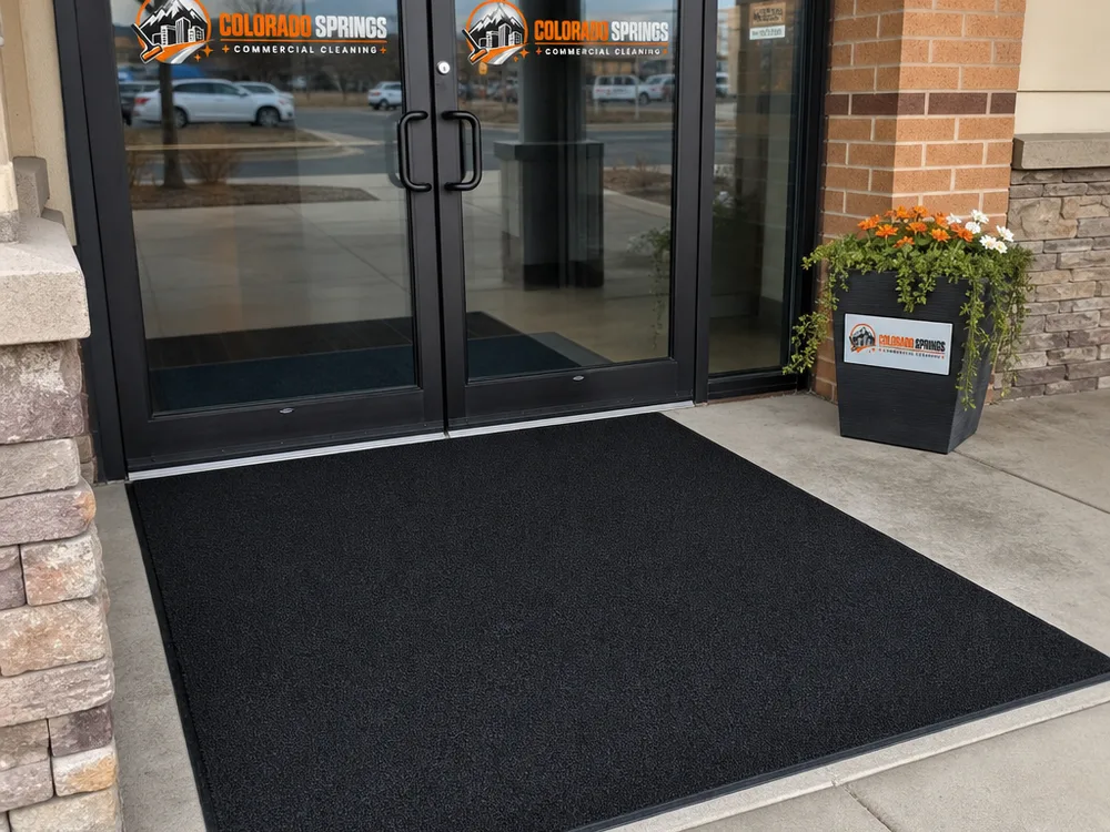 Clean storefront entrance with clear door glass, a vacuumed entry mat, and a grit-free traffic zone