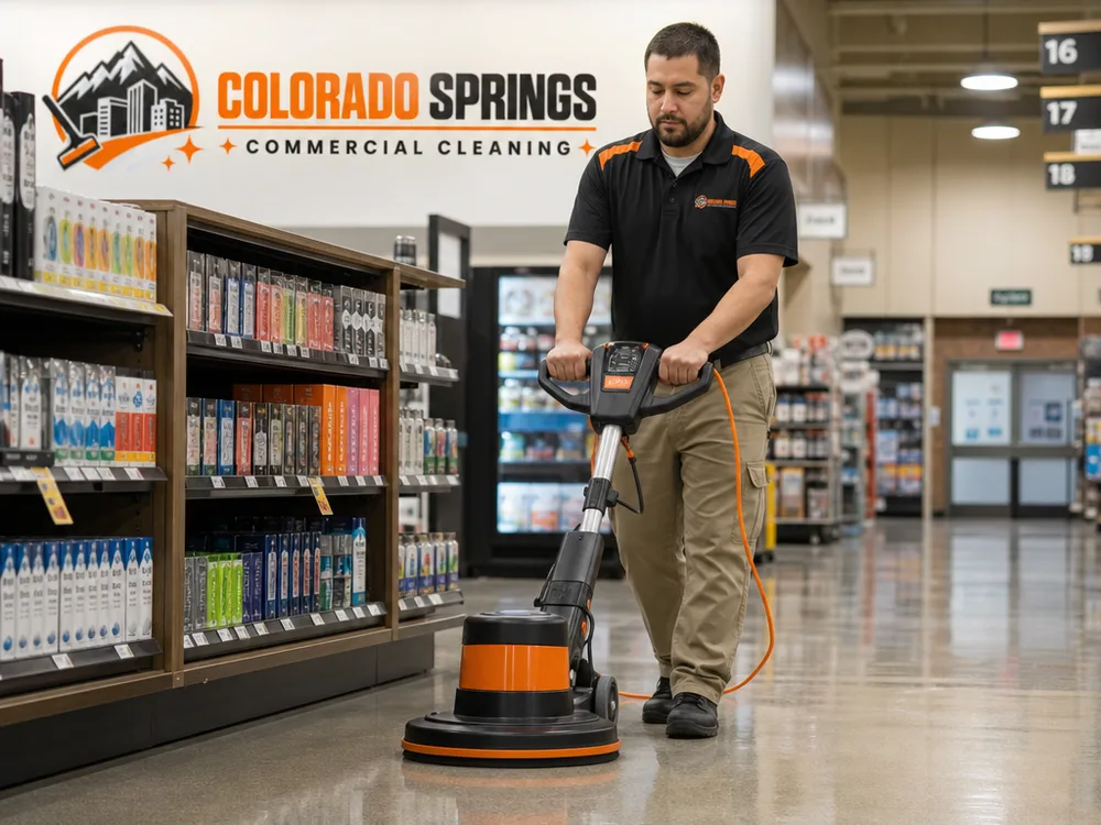 Cleaned retail aisle with polished floors, aligned displays, and detailed baseboards after hours