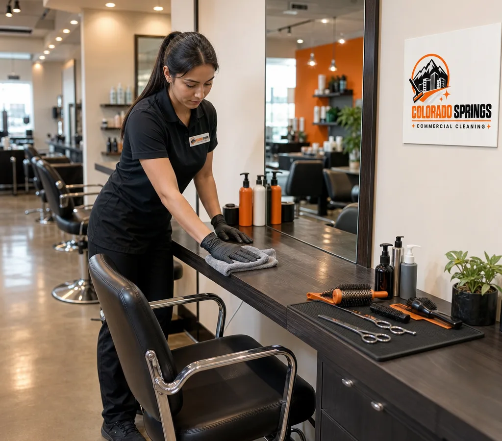 Professional cleaner wiping a salon styling station with a mirror, chair, and tool mat in a bright, tidy salon