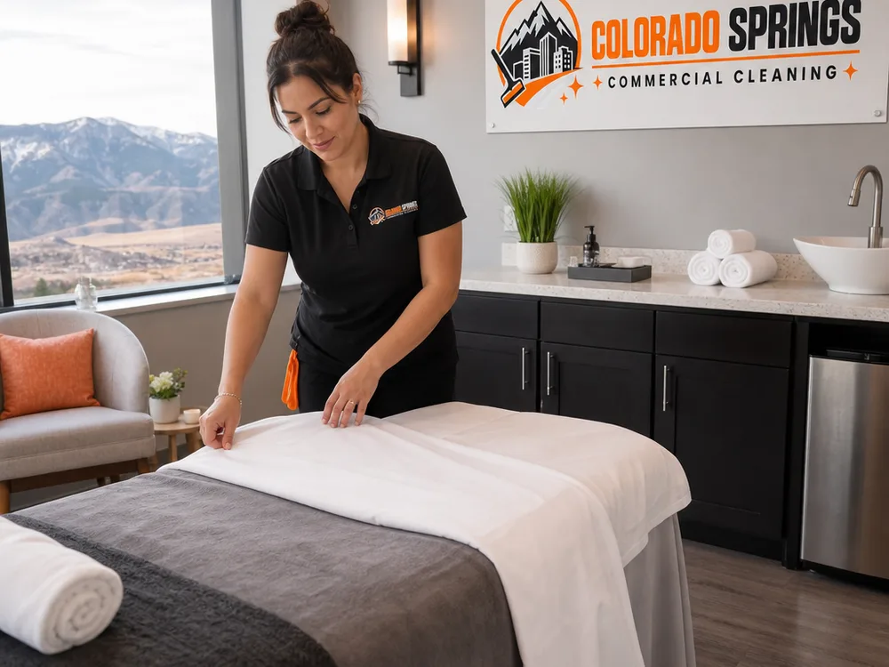 Clean spa treatment room with neatly arranged linens and tidy, wiped touchpoints