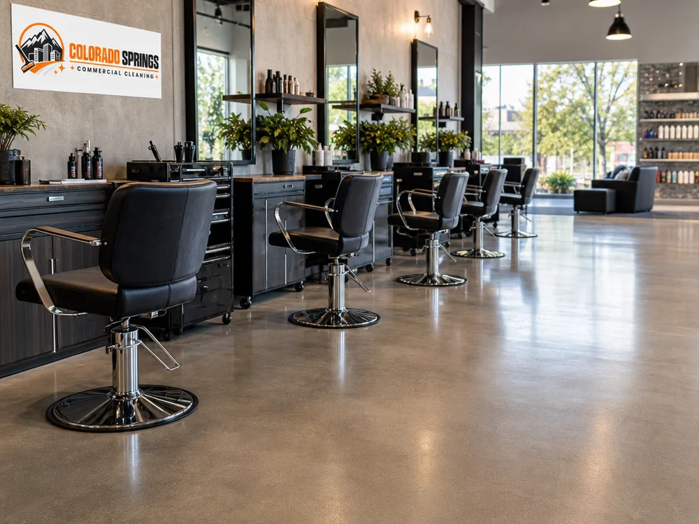 Clean salon floor with aligned styling chairs, tidy stations, and no visible hair around chair bases