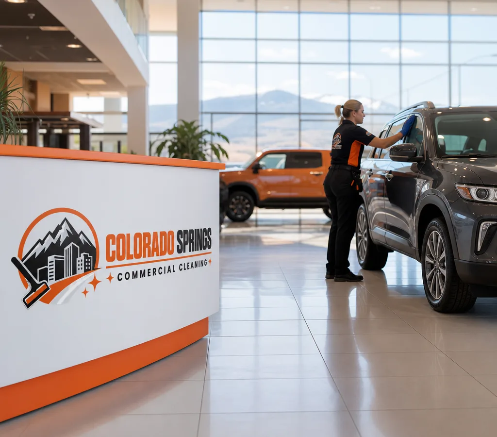 Well-lit auto dealership showroom with clean floors, spotless glass doors, display vehicles, and a cleaner detailing high-touch areas