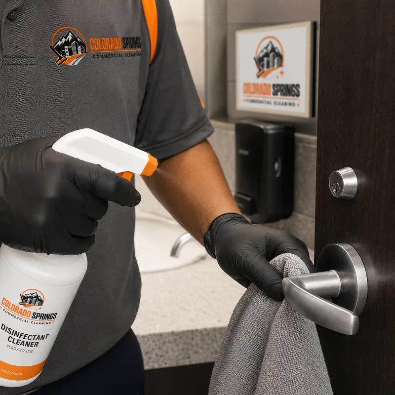 Gloved hands disinfecting restroom faucets, flush hardware, and door touchpoints with a microfiber system