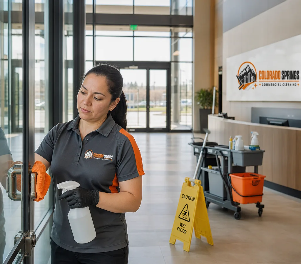 Daytime commercial cleaner disinfecting high-touch areas in a modern Colorado Springs office lobby