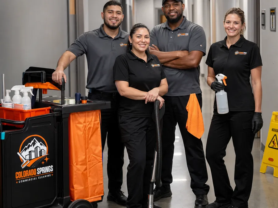Small professional commercial cleaning team with neatly staged carts in a commercial hallway